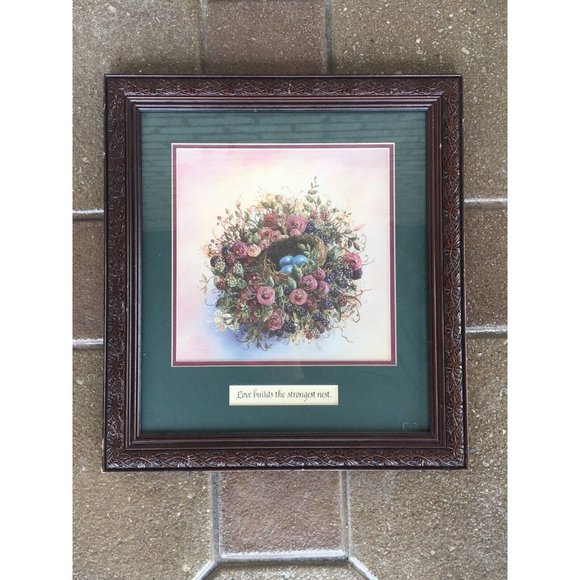 Glynda Turley “Love Builds the Strongest Nest” Framed Blue Eggs In Floral Nest - Picture 1 of 10